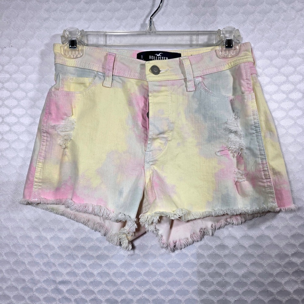Hollister High-Rise Boyfriend Tie Dye Denim Shorts Pink Yellow Blue Size 1 W25